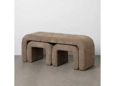 Set of stool with two taupe upholstered poufs - BENT TAUPE
