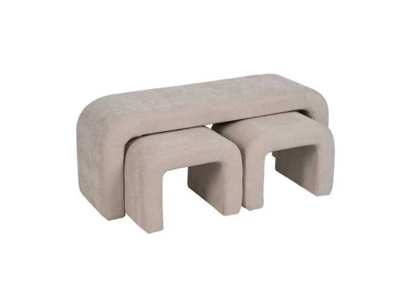 Set of stool with two taupe upholstered poufs - BENT BEIGE