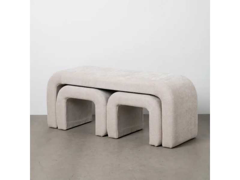 Ensemble de banc avec deux poufs tapissé taupe - BENT BEIGE