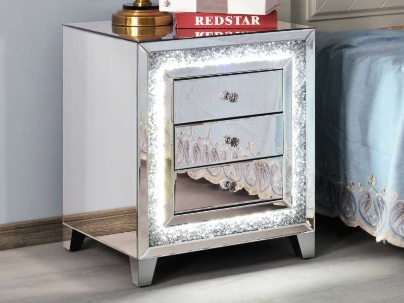 Mirrored bedside table with 3 drawers and LED light - AALIYAH A