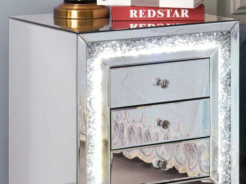 Mirrored bedside table with 3 drawers and LED light - AALIYAH A