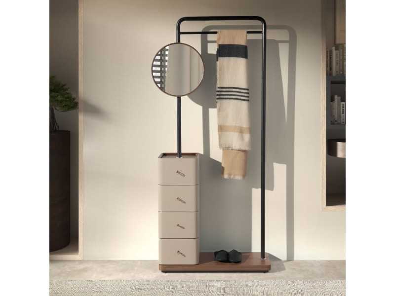 Coat rack made of black stainless steel, wood, genuine leather and mirror - AABET B
