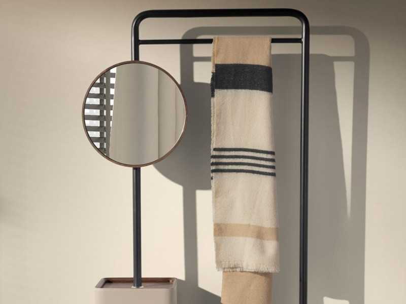 Coat rack made of black stainless steel, wood, genuine leather and mirror - AABET B