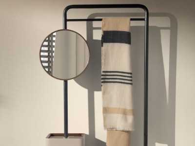 Porte-manteau en acier inoxydable noir, bois, cuir véritable et miroir - AABET B