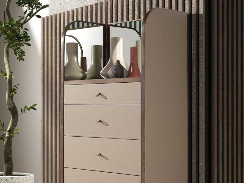 Chiffonier with mirror, wood, stainless steel and genuine leather - AABET A