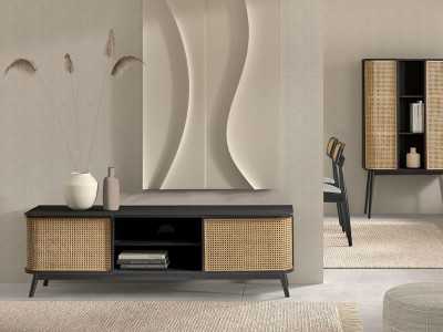 Meuble TV 2 portes avec niche en bois de chêne - ARCILA NEGRO