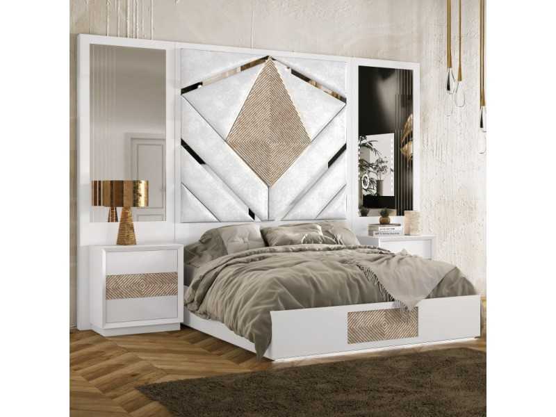 Cama completa con cabecero XXL tapizado y lacado de diseño moderno - GINETTE