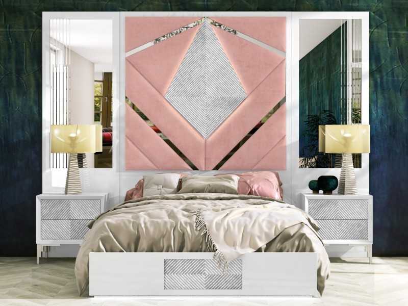 Cama completa con cabecero XXL tapizado y lacado de diseño moderno - GINETTE ROSE