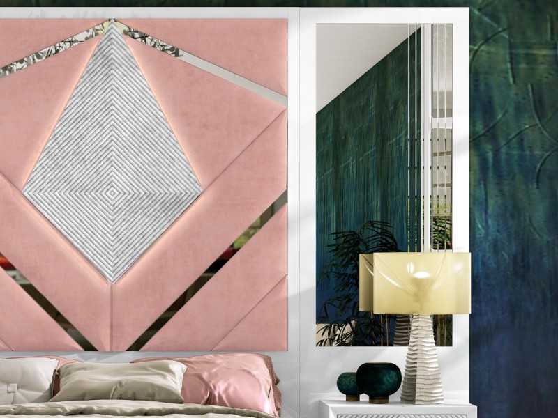 Cama completa con cabecero XXL tapizado y lacado de diseño moderno - GINETTE ROSE