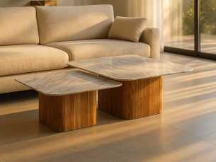 Set of coffee tables with wooden base and marble top - NAMIAR