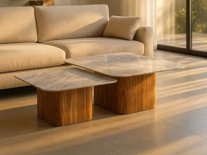 Conjunto de mesas de centro con base de madera y tapa de mármol - NAMIAR