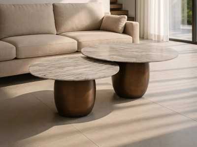 Ensemble table basse avec piètement en acier et plateau en marbre - AMAN