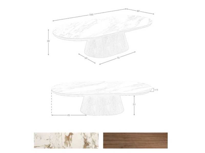 Walnut veneer coffee table with oval porcelain marble top - AAL