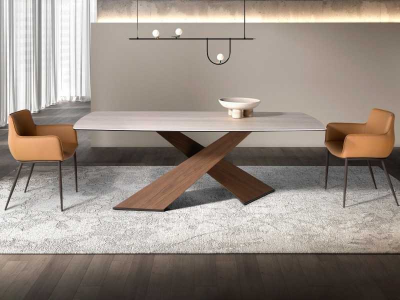 Dining table with porcelain marble top and wooden legs - ABA
