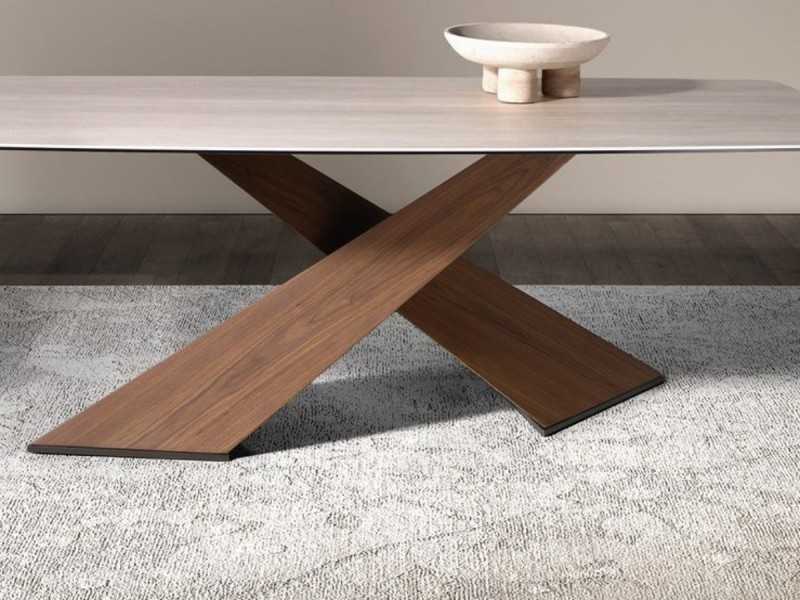 Table à manger avec plateau en marbre porcelaine et pieds en bois - ABA