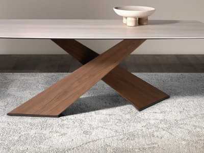 Table à manger avec plateau en marbre porcelaine et pieds en bois - ABA