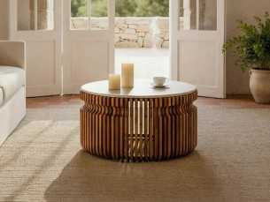 Table basse ronde en bois avec un plateau en marbre - JARTUM