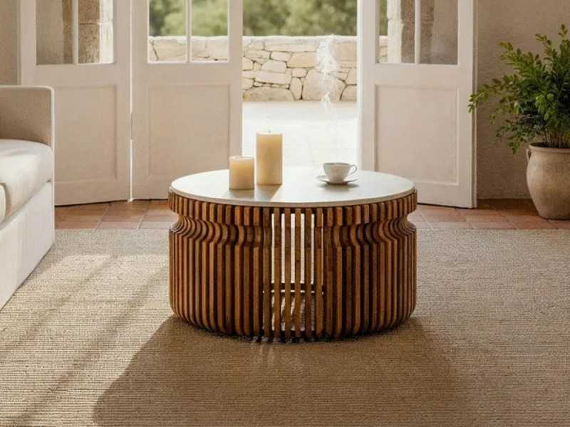 Mesa de centro redonda de madera y tapa de mármol - JARTUM