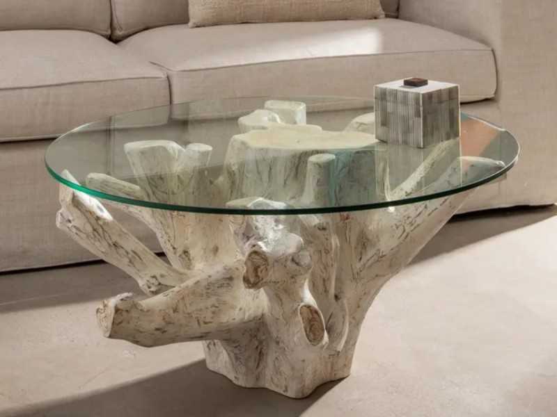 Mesa de centro redonda de madera y cristal - TROPEA BLANCO