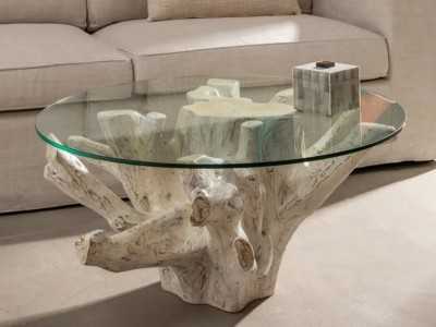 Mesa de centro redonda de madera y cristal - TROPEA BLANCO