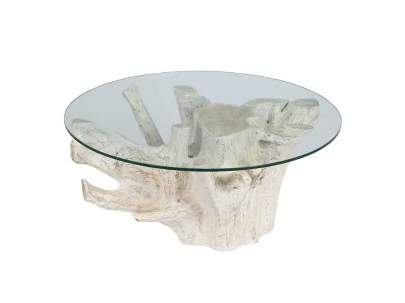 Mesa de centro redonda de madera y cristal - TROPEA BLANCO