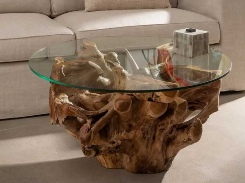 Table basse ronde en bois et verre - TROPEA