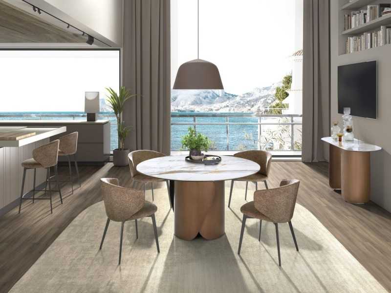 Round table with fixed porcelain marble top and stainless steel base - ABACO ROND