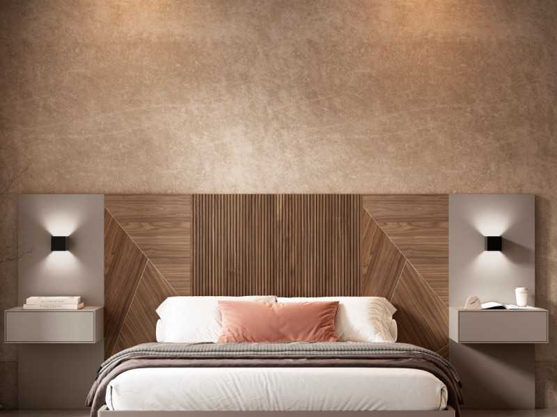 Lit design complet avec tête de lit XXL et table de chevet à 1 tiroir - ABÉLARD