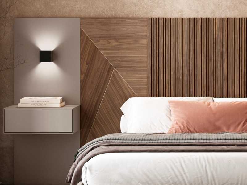 Complete designer bed with XXL headboard and 1 drawer bedside tables - ABÉLARD