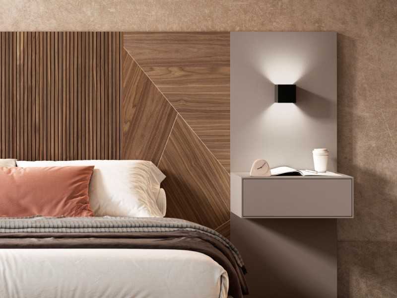 Complete designer bed with XXL headboard and 1 drawer bedside tables - ABÉLARD