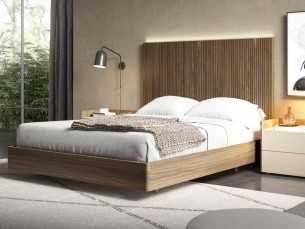 Complete bed in American walnut veneer, LED light and floating bed base - BERGEN