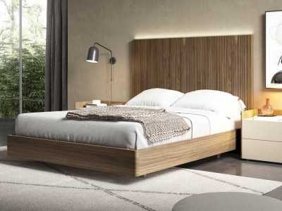 Complete bed in American walnut veneer, LED light and floating bed base - BERGEN