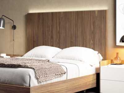 Complete bed in American walnut veneer, LED light and floating bed base - BERGEN