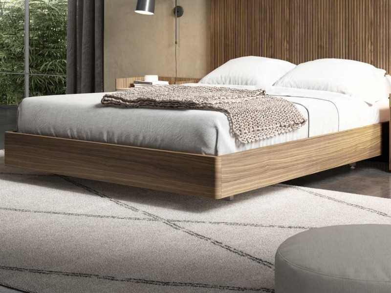 Cama completa de nogal americano alistonado ,luz led y base de cama volada - BERGEN