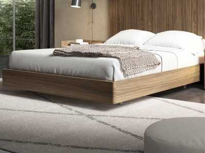 Cama completa de nogal americano alistonado ,luz led y base de cama volada - BERGEN
