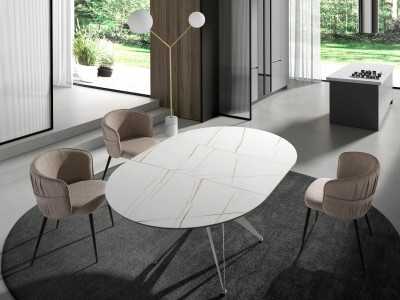 Table ronde extensible avec plateau en céramique et piètement en acier inoxydable - ADELYN