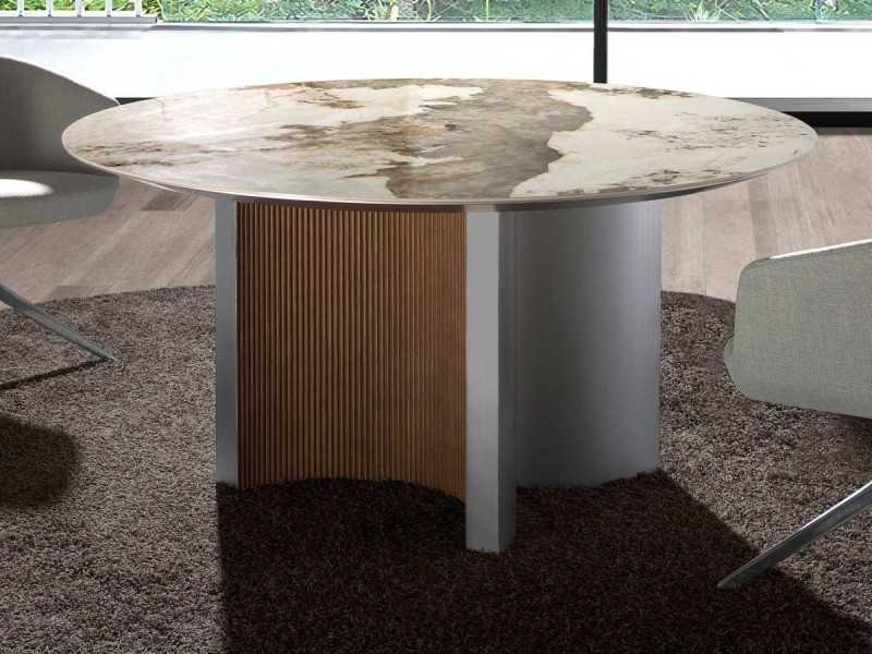 Round dining table, wood, lacquered wood and porcelain marble top - ALBERTINE - ALBERTINE