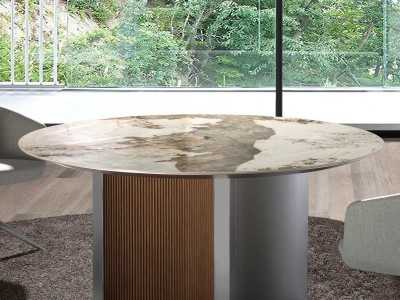 Table ronde de salle à manger, bois, bois laqué et plateau en marbre porcelainé - ALBERTINE - ALBERTINE