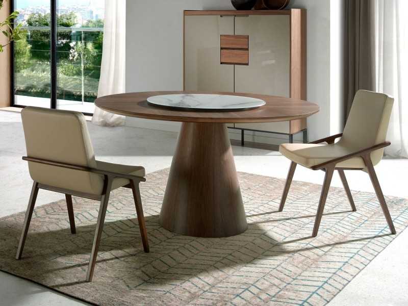 Round dining table in walnut wood and rotating plate - DERBY