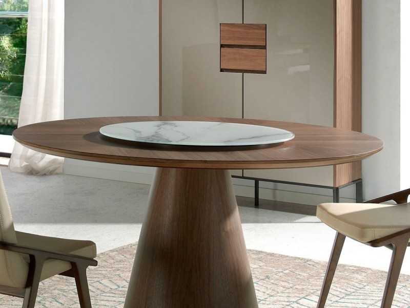 Round dining table in walnut wood and rotating plate - DERBY
