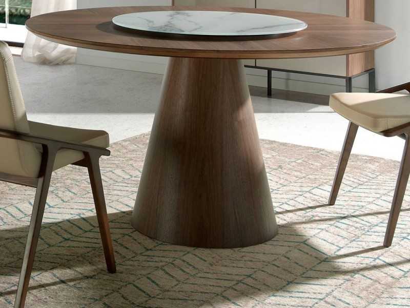 Table à manger ronde en bois de noyer et plateau tournant - DERBY