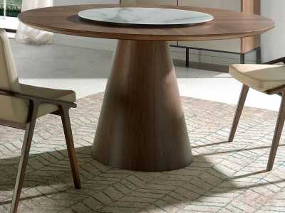 Table à manger ronde en bois de noyer et plateau tournant - DERBY