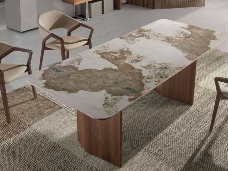 Mesa de comedor rectangular en nogal con tapa de porcelánico - BRIGG