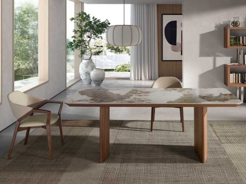 Table de salle à manger rectangulaire en noyer avec plateau en grès cérame - BRIGG