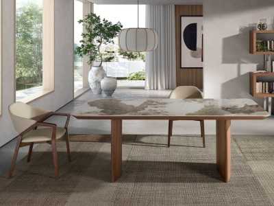 Table de salle à manger rectangulaire en noyer avec plateau en grès cérame - BRIGG