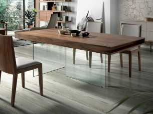 Mesa de comedor fija en nogal con bases de cristal templado - BRISTOL