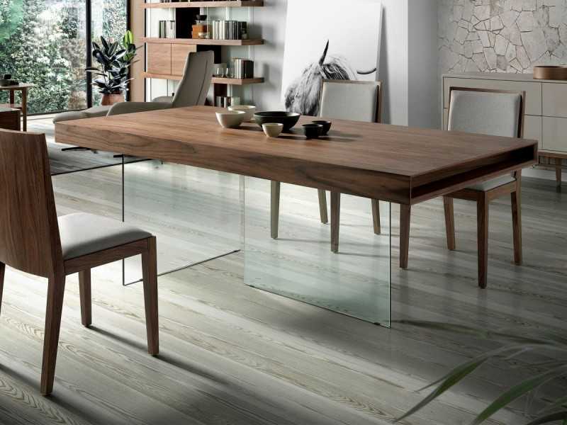 Table à manger fixe en noyer avec bases en verre trempé - BRISTOL