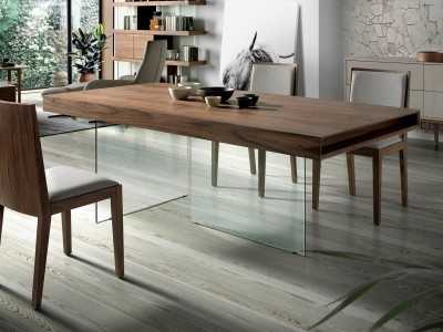 Table à manger fixe en noyer avec bases en verre trempé - BRISTOL