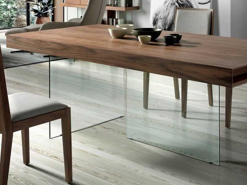 Fixed dining table in walnut with tempered glass bases - BRISTOL