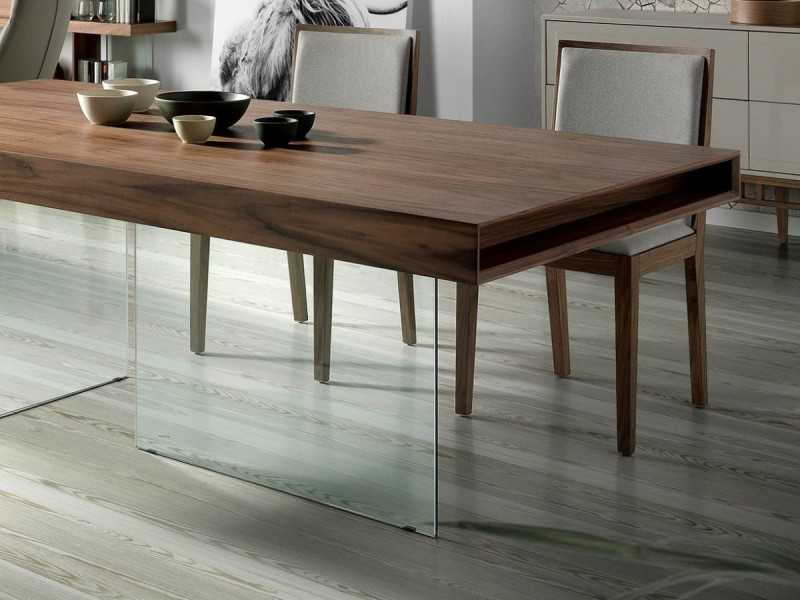 Fixed dining table in walnut with tempered glass bases - BRISTOL
